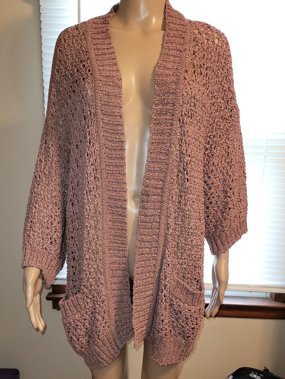 Relativity - Open-Front Mauve Pink Crochet Knit Cardigan Sweater. Size 2X